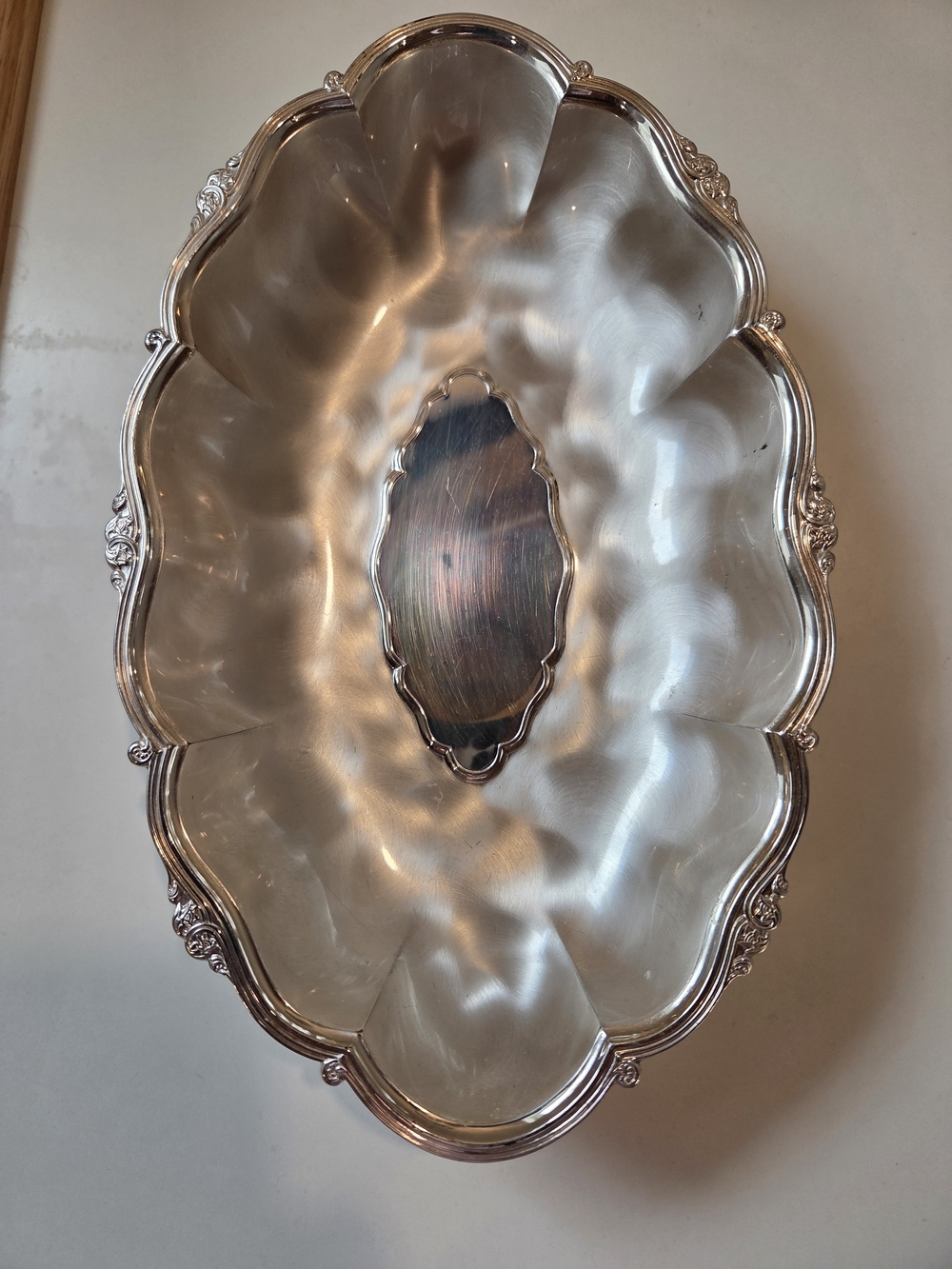 Vintage WMF Germany Silverplate Footed Oval Bowl Dish Scalloped Floral Edge